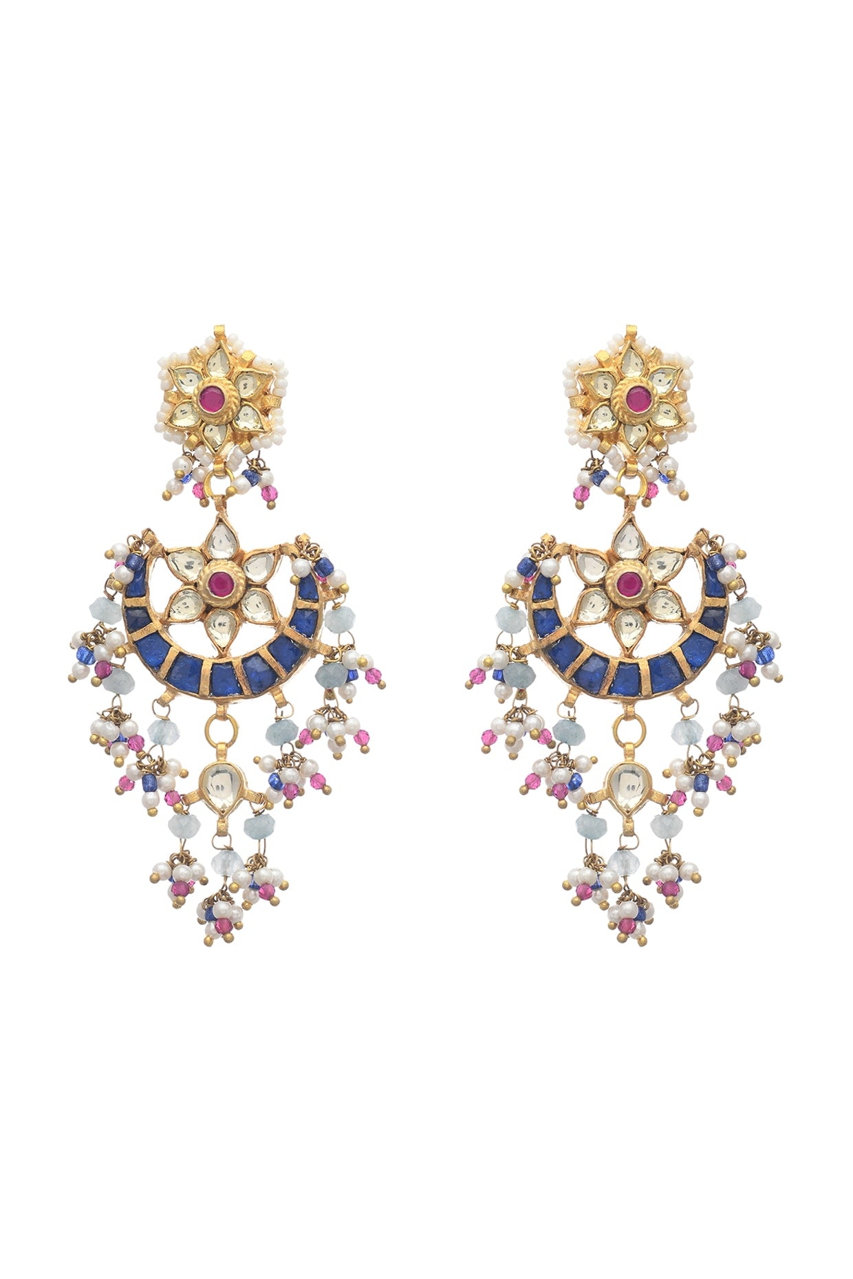 Gold Finish Indigo Kundan Polki & Pearl Dangler Earrings