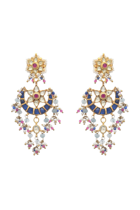 Gold Finish Indigo Kundan Polki & Pearl Dangler Earrings