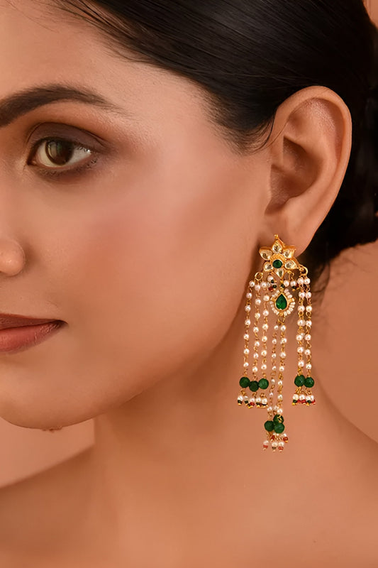 Gold Finish Green Kundan Polki & Pearl Dangler Earrings