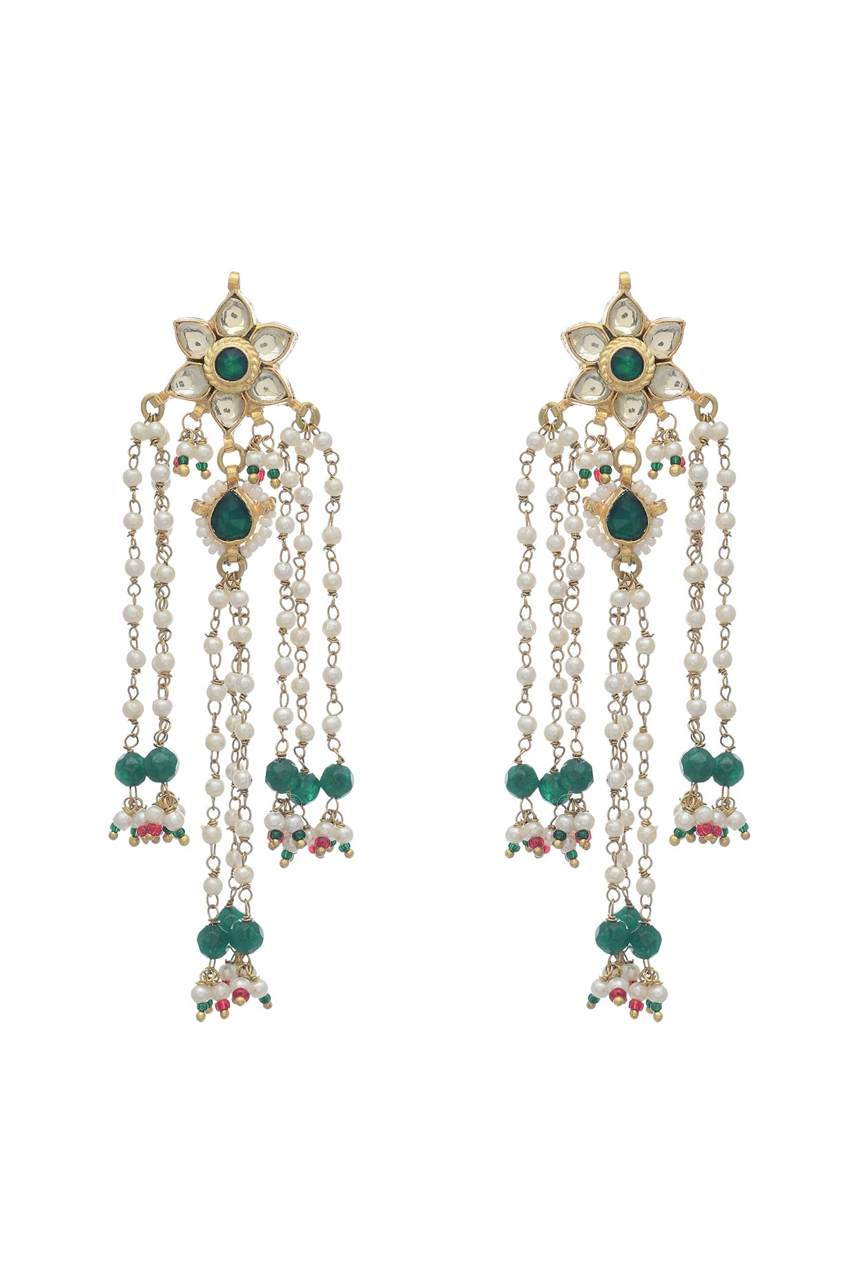 Gold Finish Green Kundan Polki & Pearl Dangler Earrings