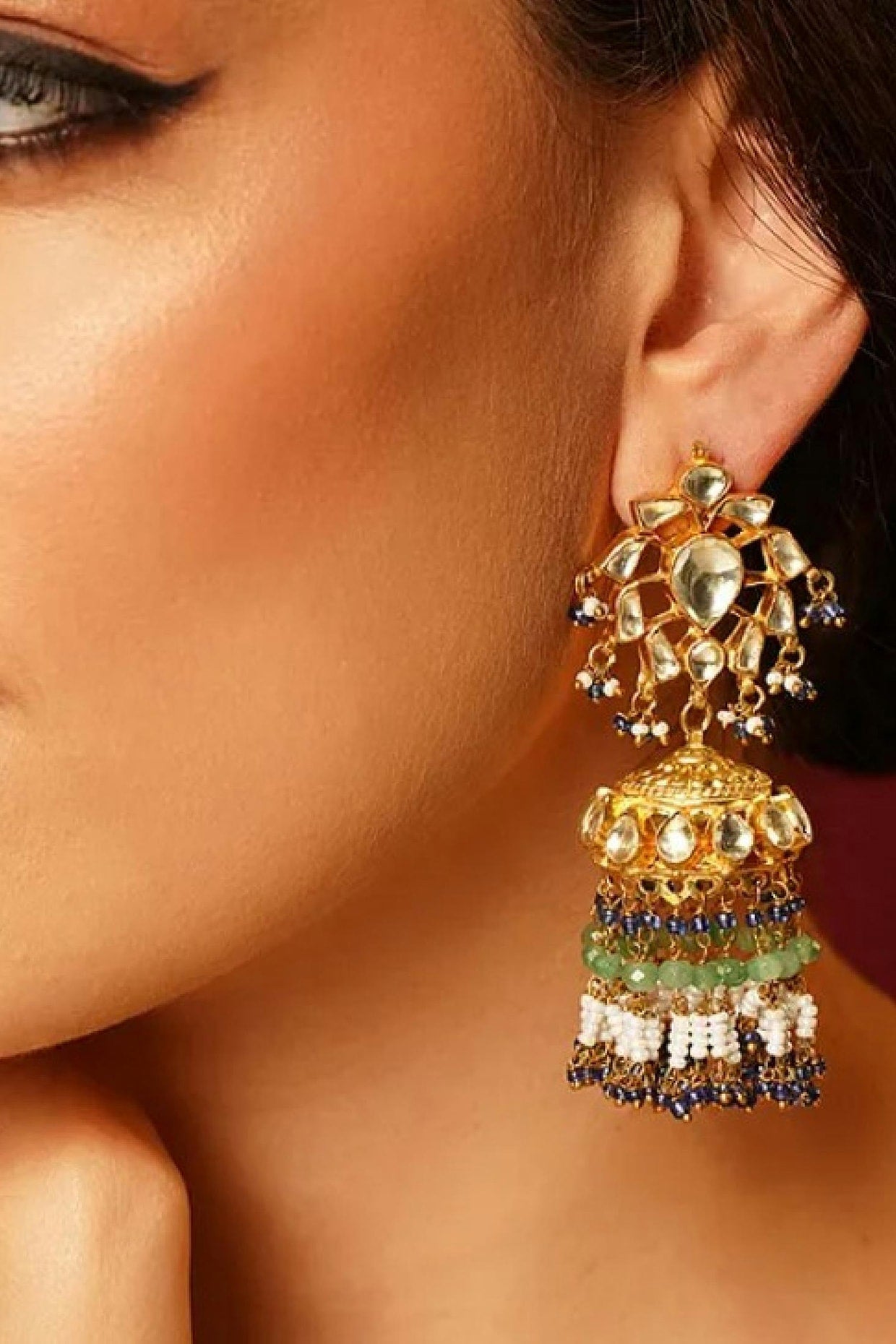 Gold Finish Kundan Polki & Pearl Dangler Earrings