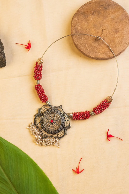 White Finish Coral Stone & Pearl Temple Necklace In Sterling Silver