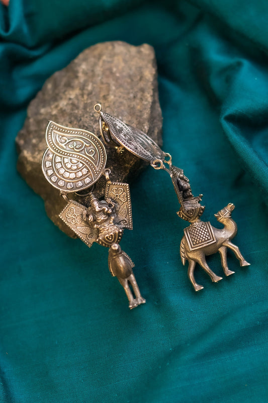 White Finish Temple Dangler Earrings In Sterling Silver