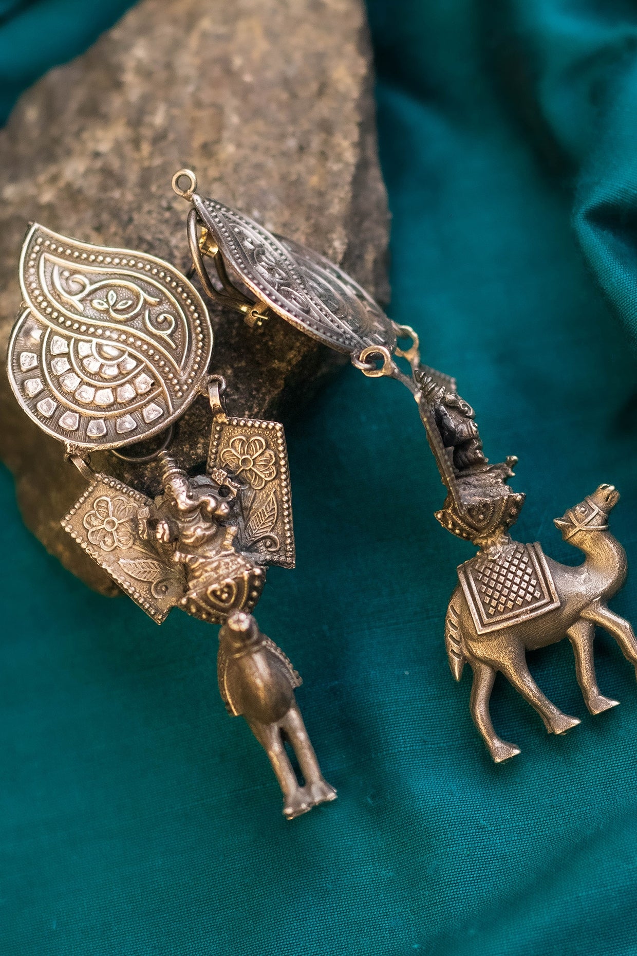 White Finish Temple Dangler Earrings In Sterling Silver