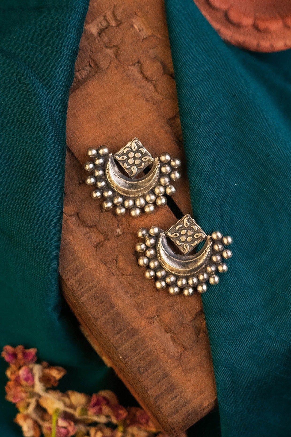 White Finish Temple Dangler Earrings In Sterling Silver