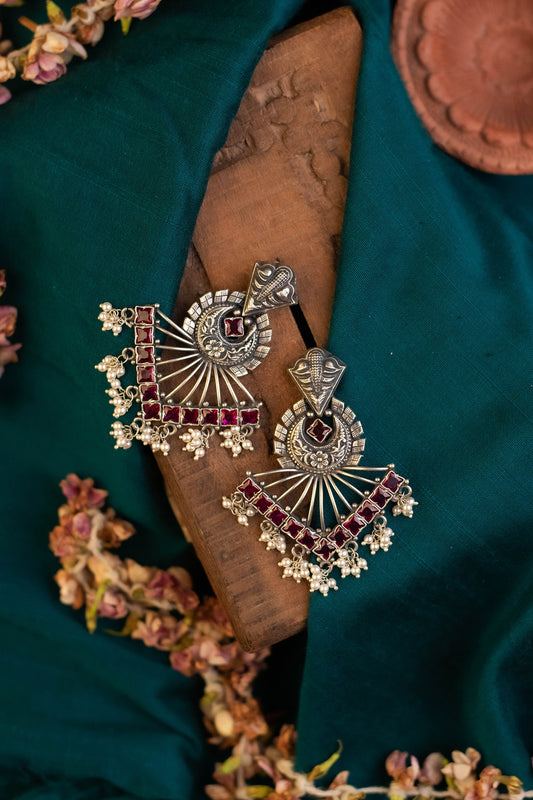 White Finish Red Kemp stone & Pearl Temple Dangler Earrings In Sterling Silver