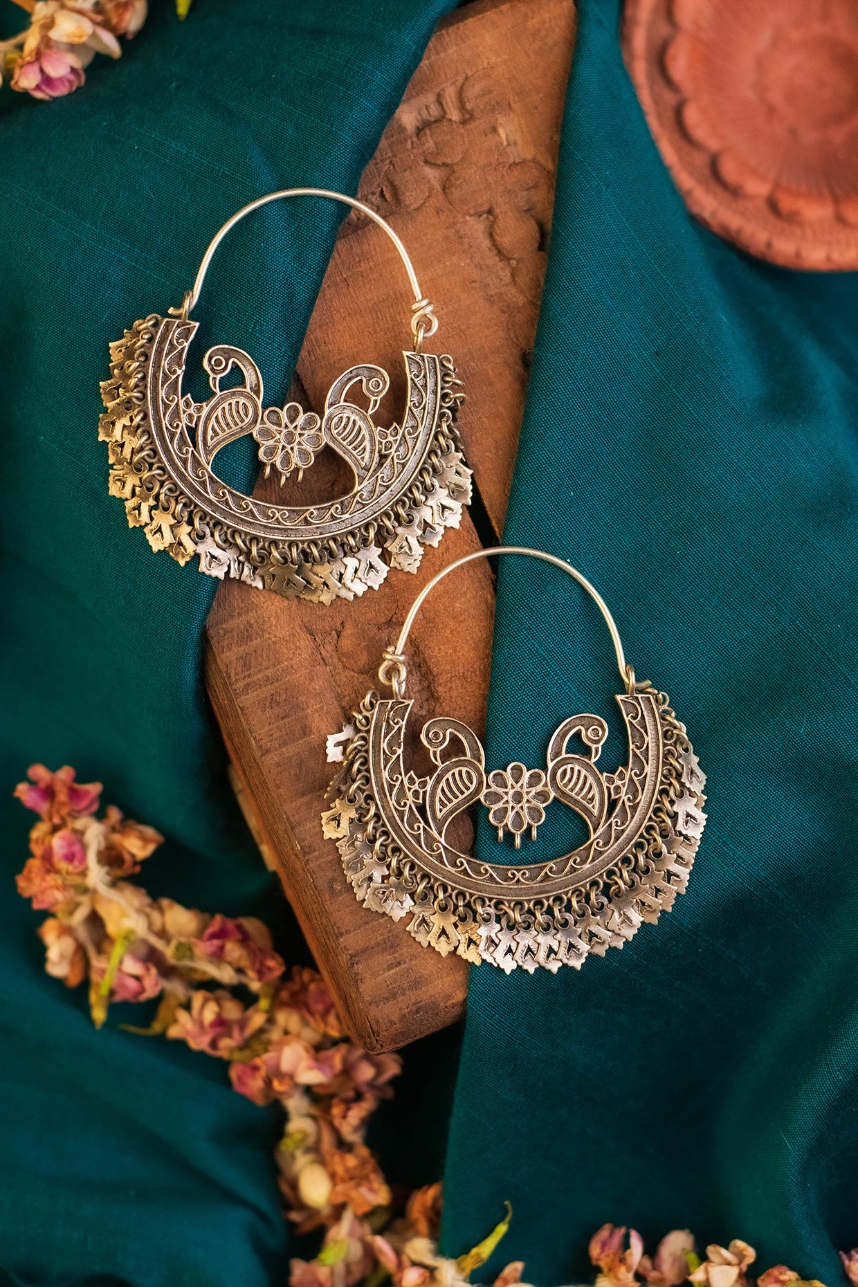 White Finish Temple Chandbali Earrings In Sterling Silver