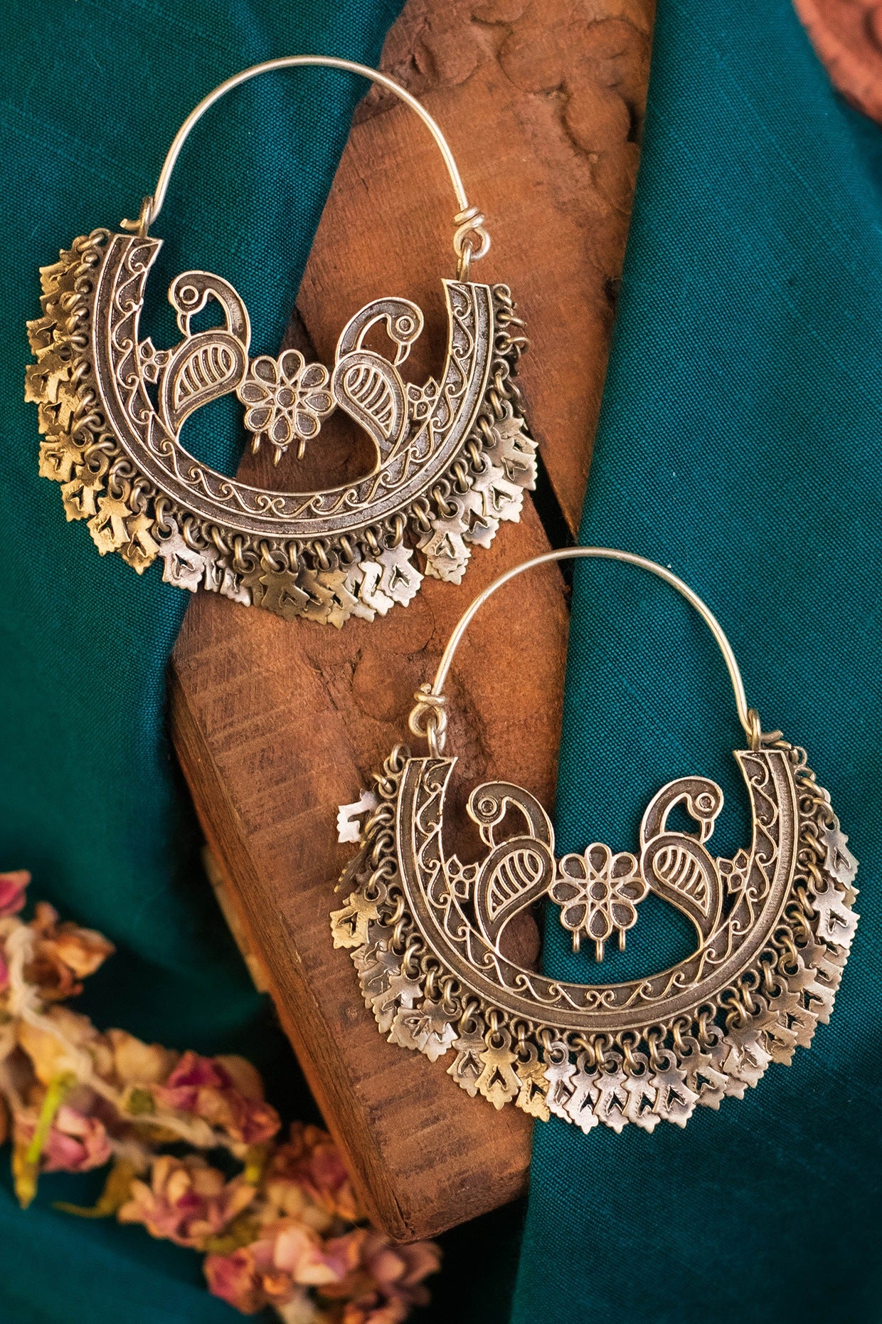 White Finish Temple Chandbali Earrings In Sterling Silver