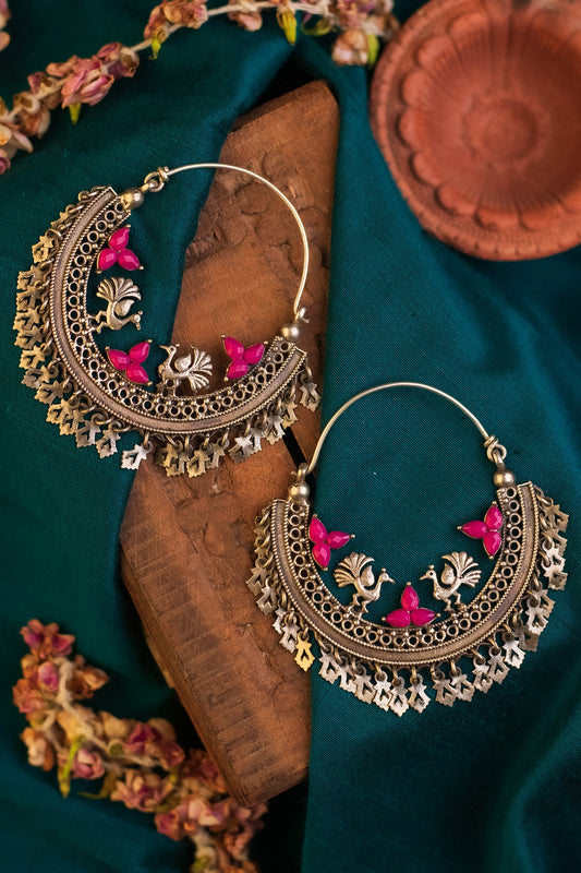 White Finish Temple Chandbali Earrings In Sterling Silver