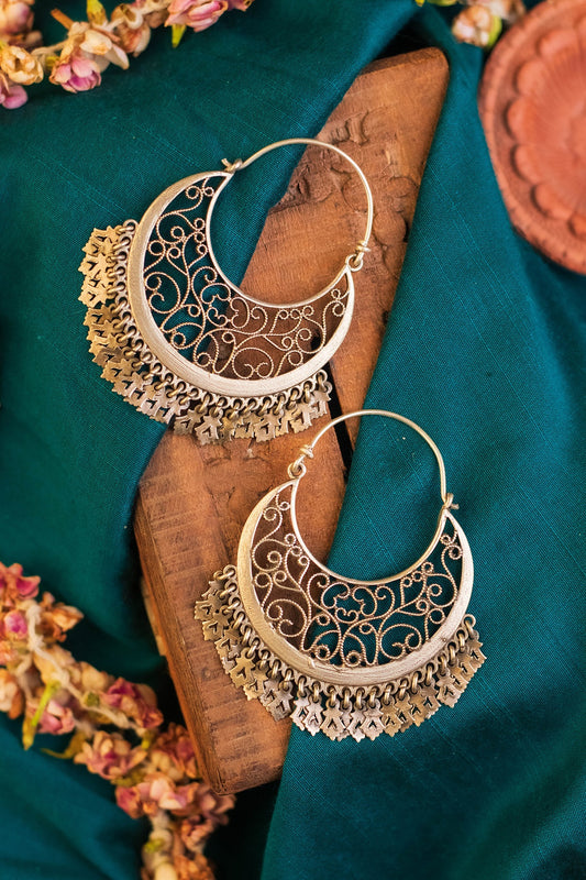 White Finish Temple Chandbali Earrings In Sterling Silver