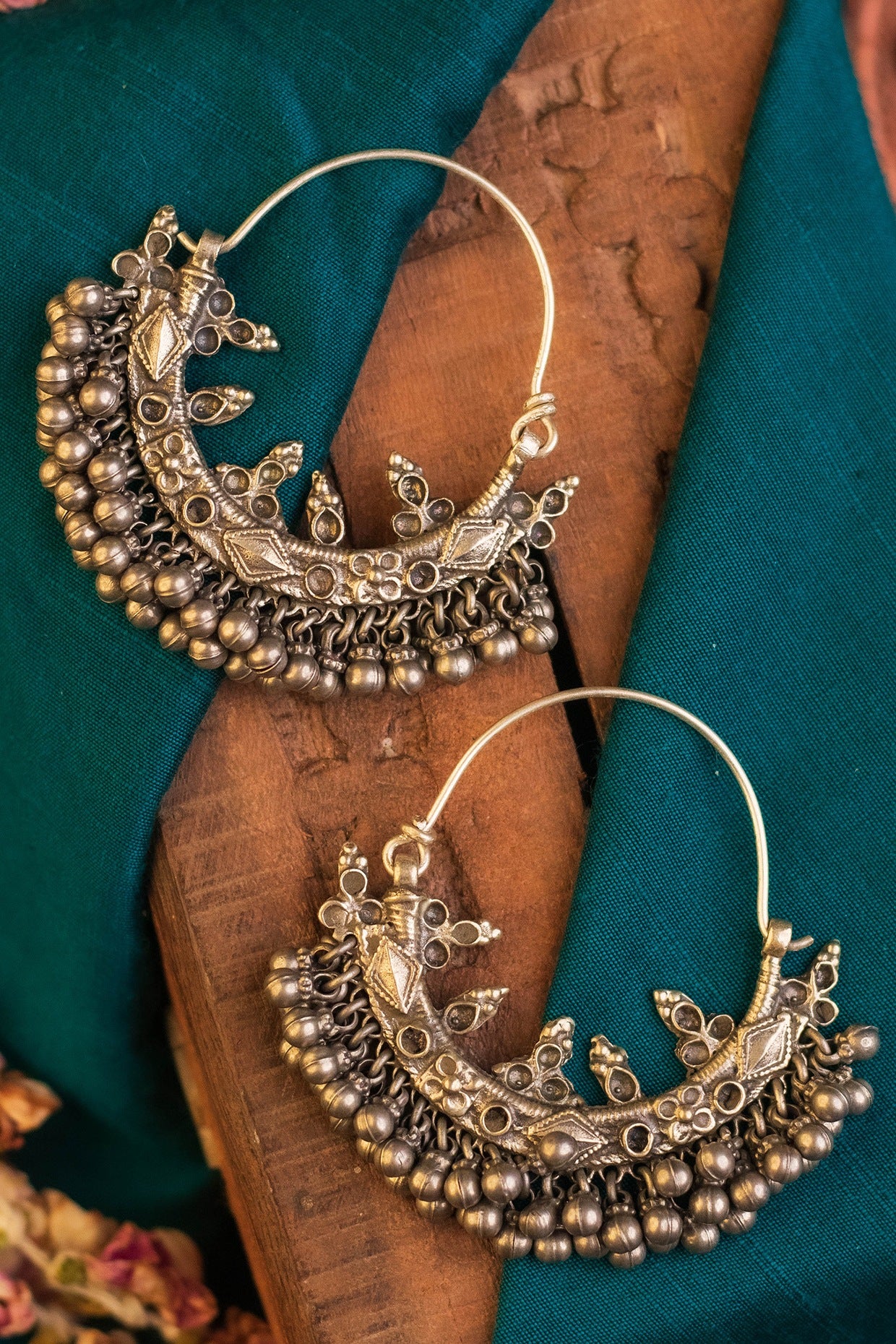 White Finish Temple Chandbali Earrings In Sterling Silver