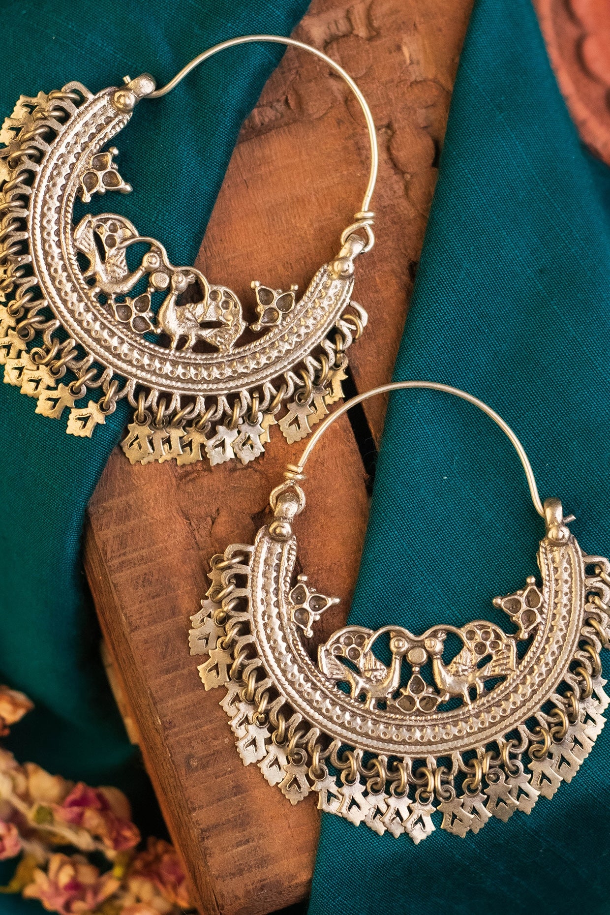 White Finish Temple Chandbali Earrings In Sterling Silver