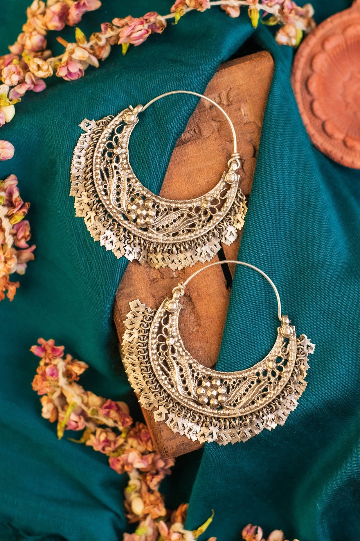 White Finish Temple Chandbali Earrings In Sterling Silver