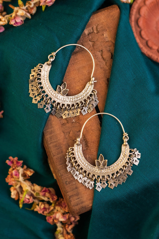 White Finish Temple Chandbali Earrings In Sterling Silver