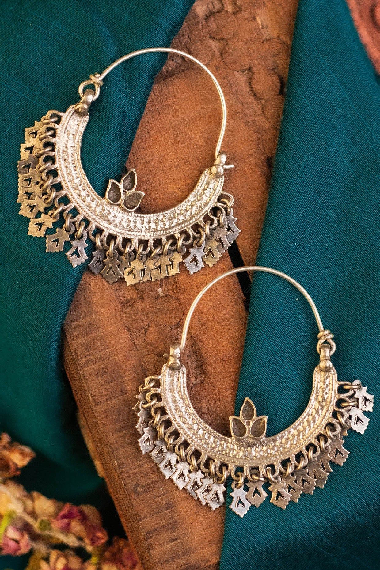 White Finish Temple Chandbali Earrings In Sterling Silver