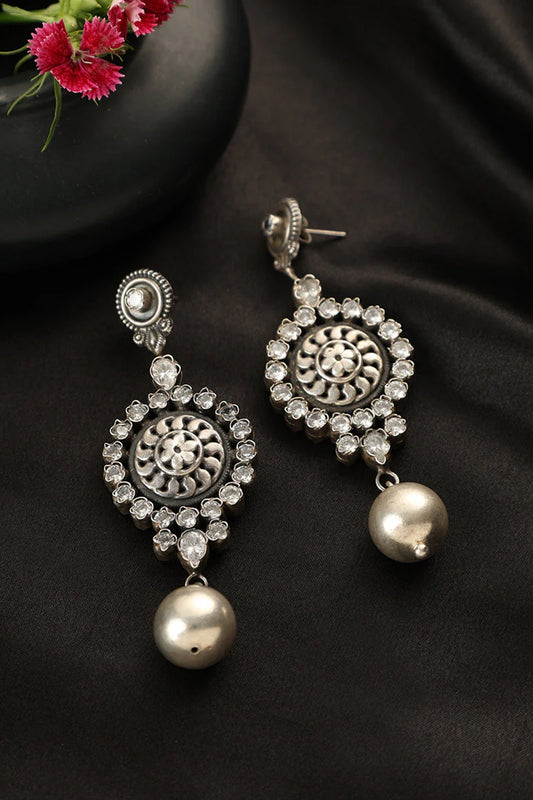 White Finish CZ Temple Dangler Earrings In Sterling Silver