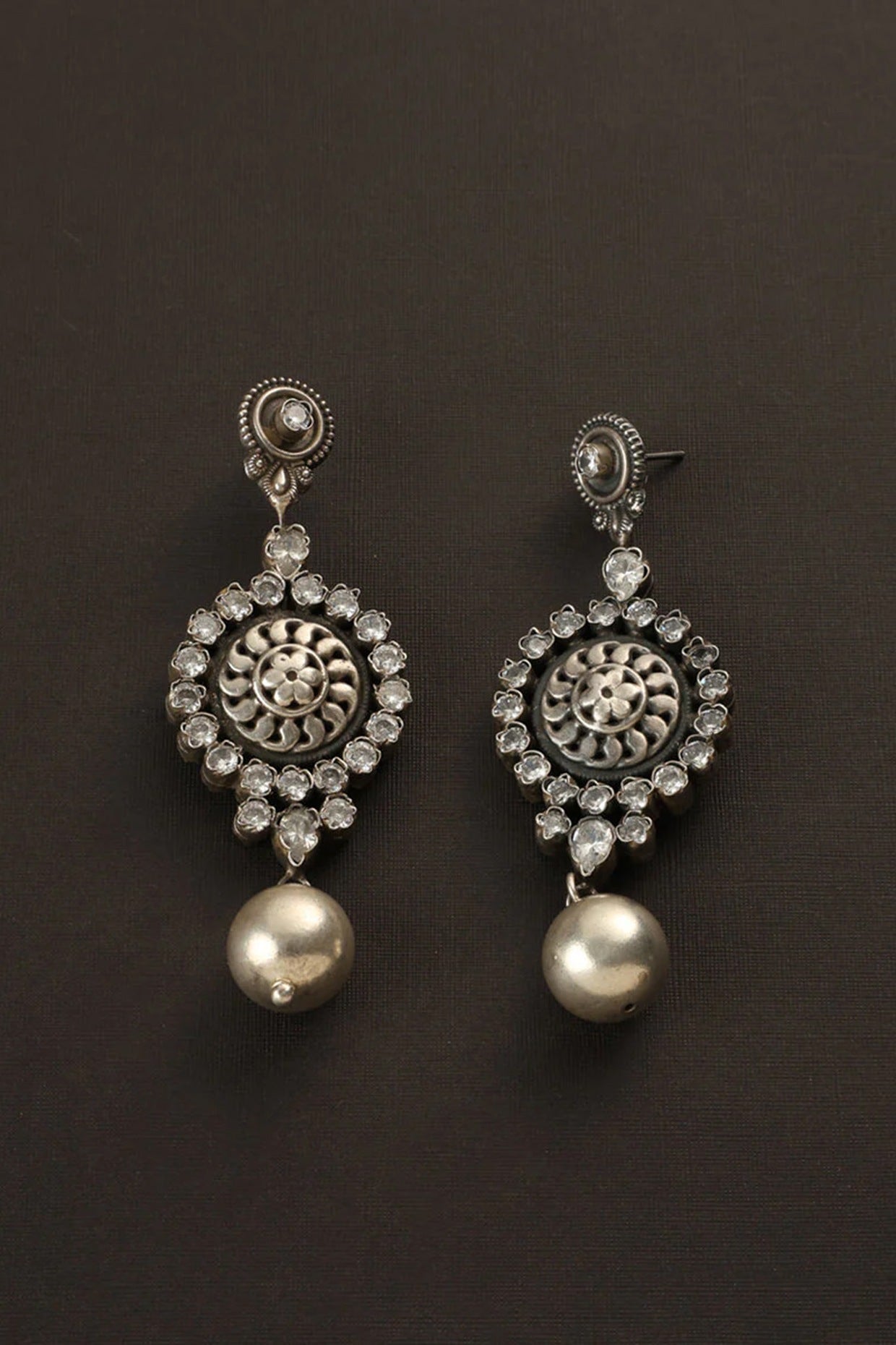 White Finish CZ Temple Dangler Earrings In Sterling Silver