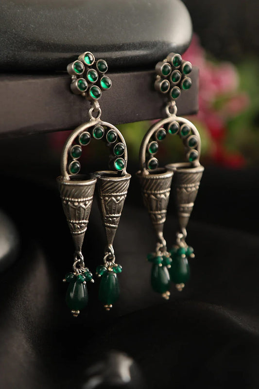 White Finish Green Onyx Temple Dangler Earrings In Sterling Silver