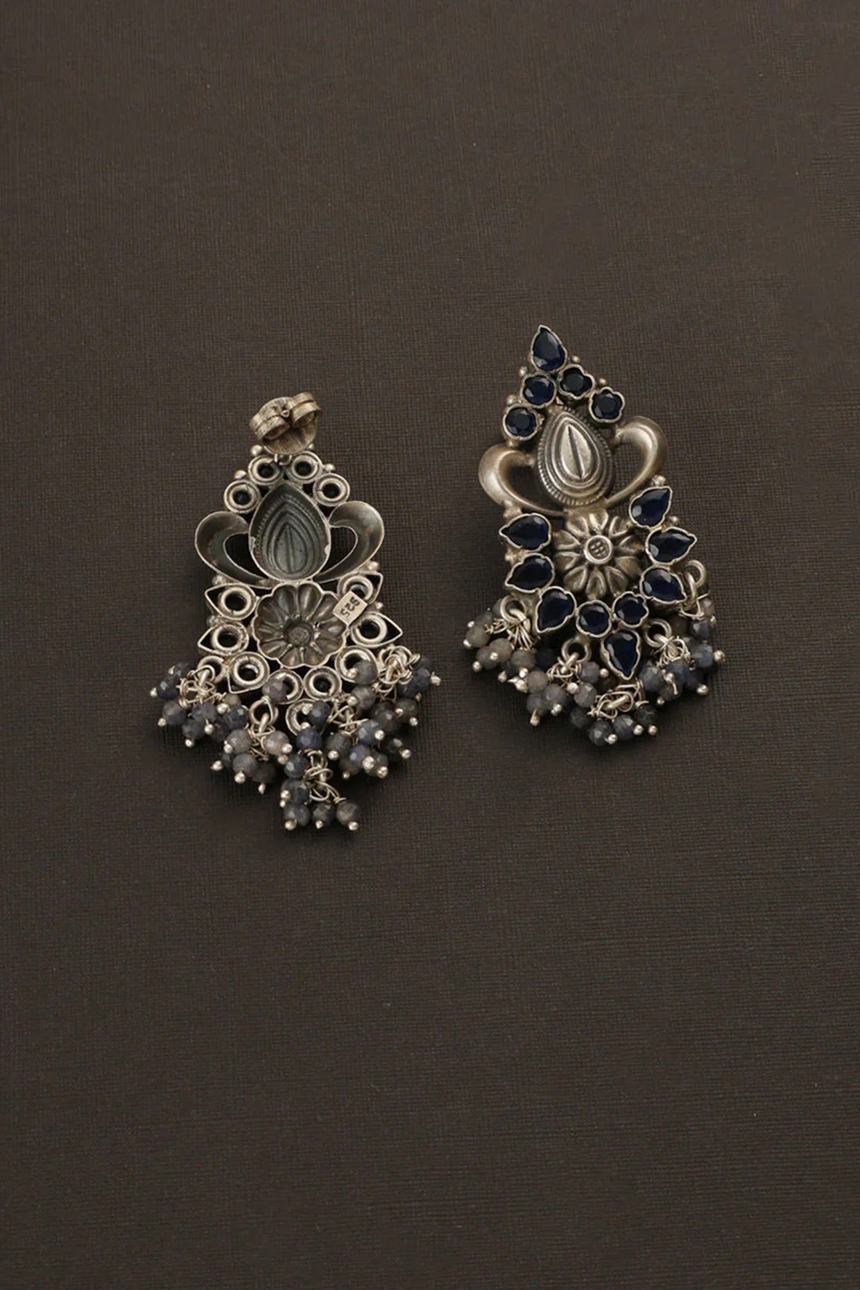 White Finish Blue Sapphire Temple Dangler Earrings In Sterling Silver