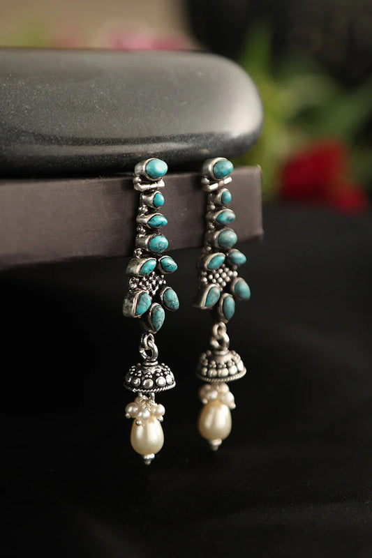 White Finish Turquoise Stone & Pearl Dangler Earrings In Sterling Silver