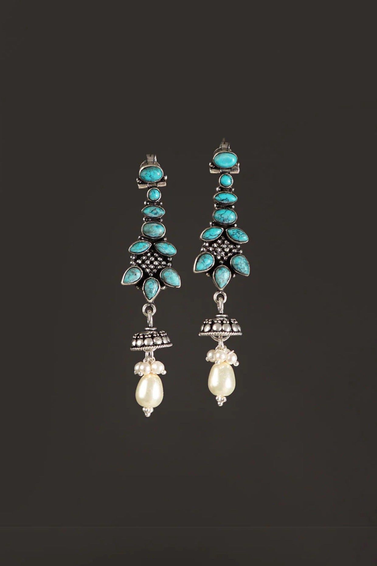 White Finish Turquoise Stone & Pearl Dangler Earrings In Sterling Silver