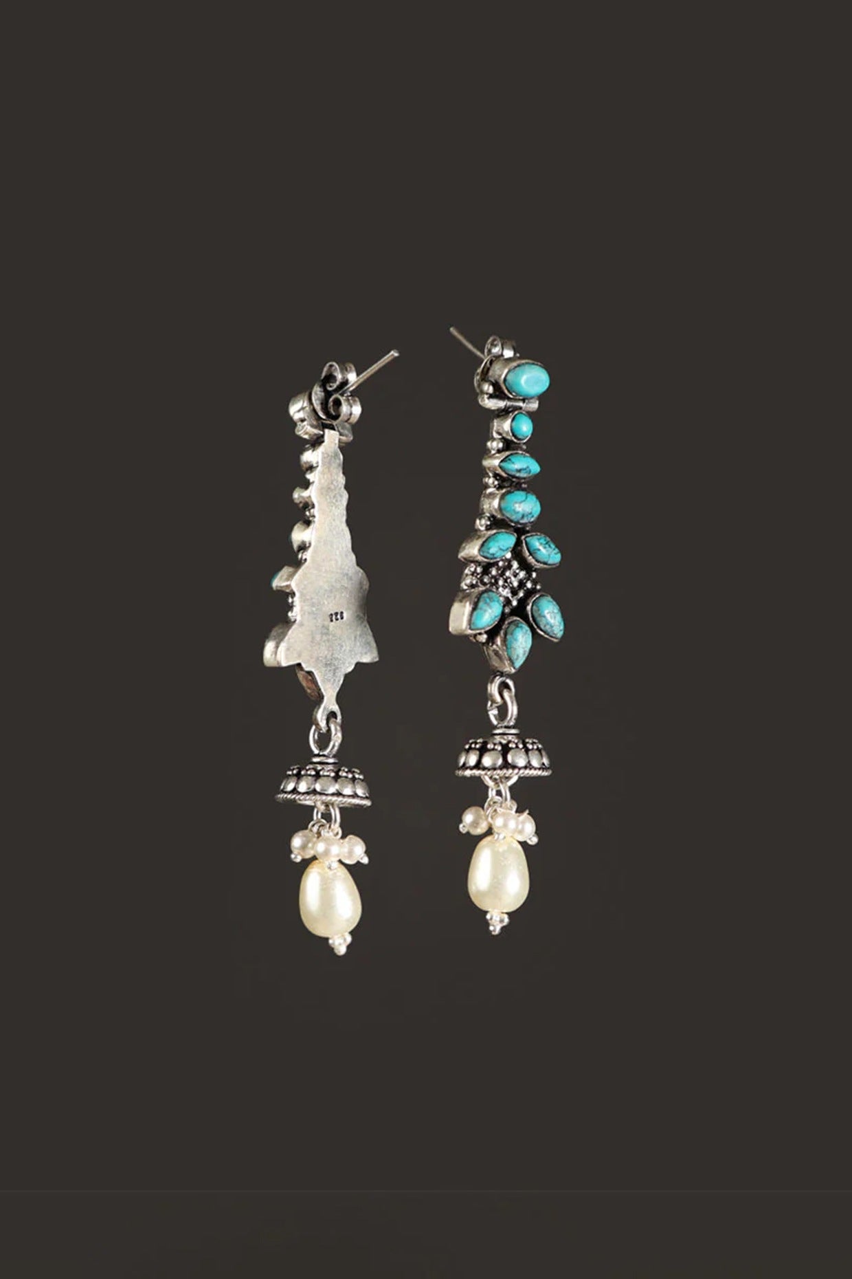 White Finish Turquoise Stone & Pearl Dangler Earrings In Sterling Silver