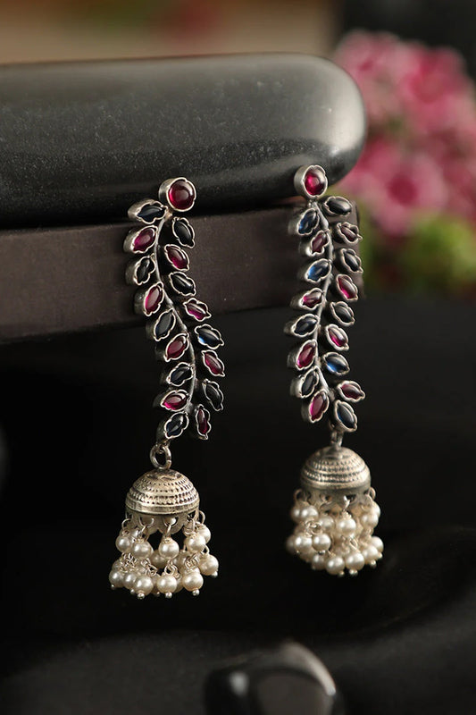 White Finish Red Kempstone & Pearl Jhumka Earrings In Sterling Silver