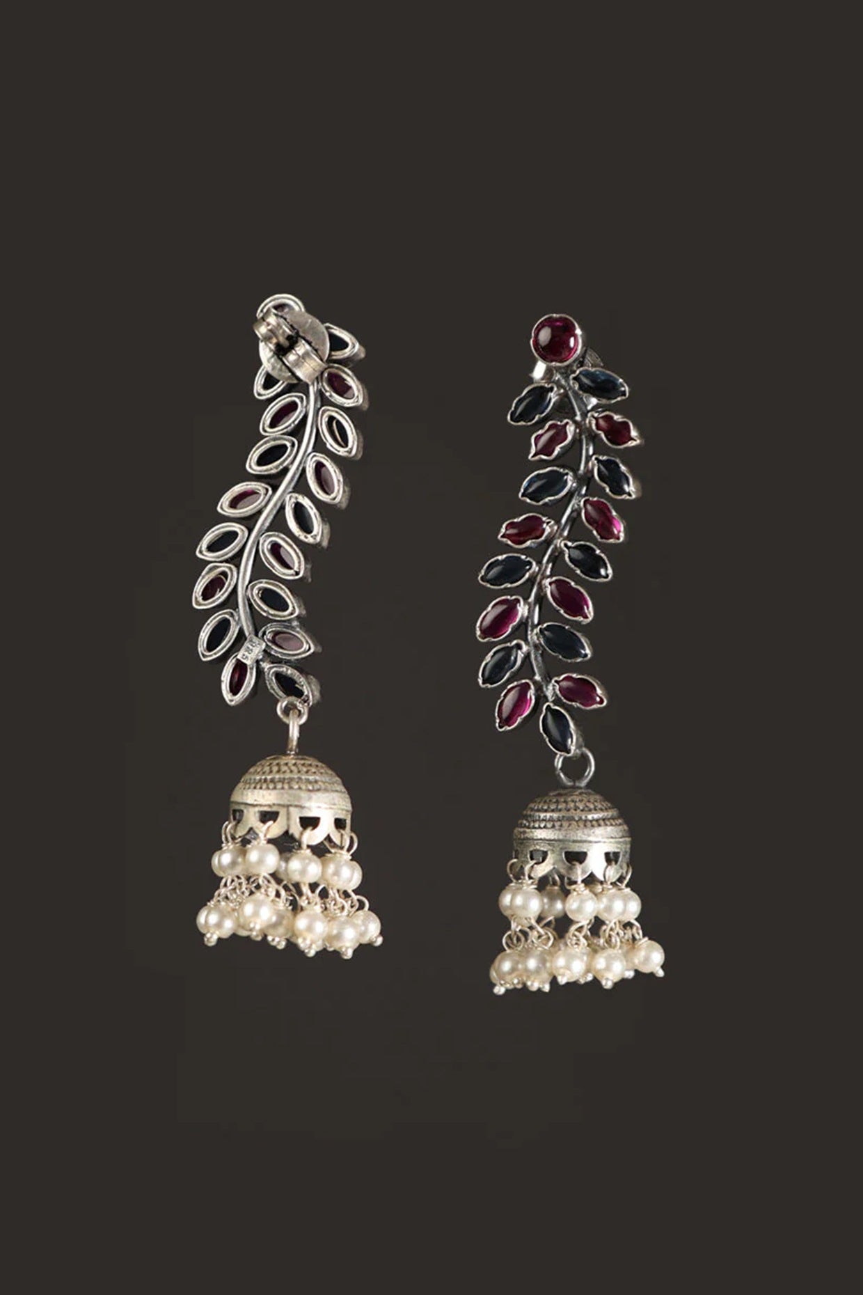 White Finish Red Kempstone & Pearl Jhumka Earrings In Sterling Silver