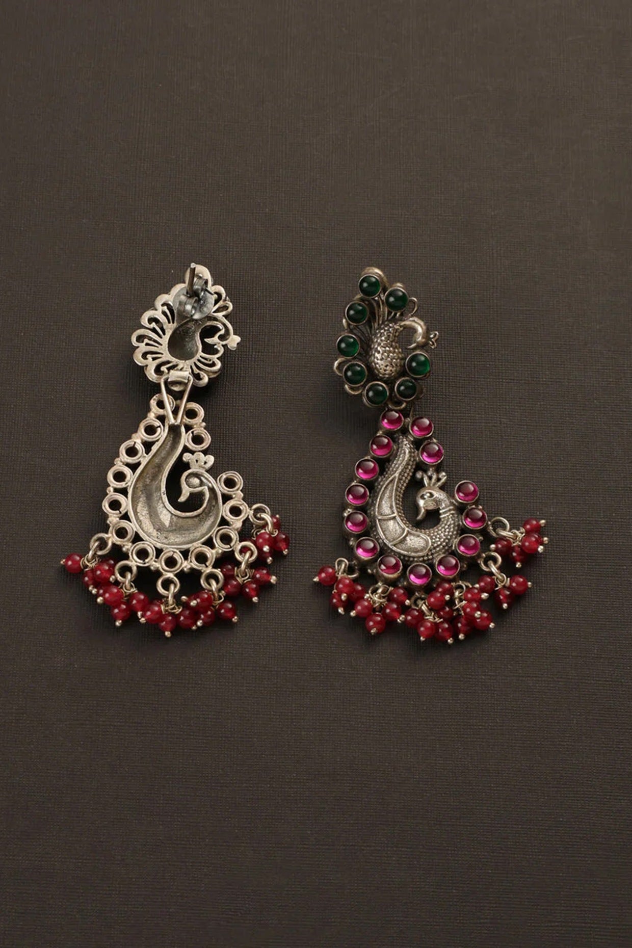 White Finish Red Kempstone Peacock Temple Dangler Earrings In Sterling Silver