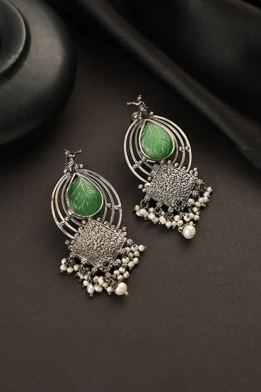 White Finish Green Jade Stone Temple Dangler Earrings In Sterling Silver