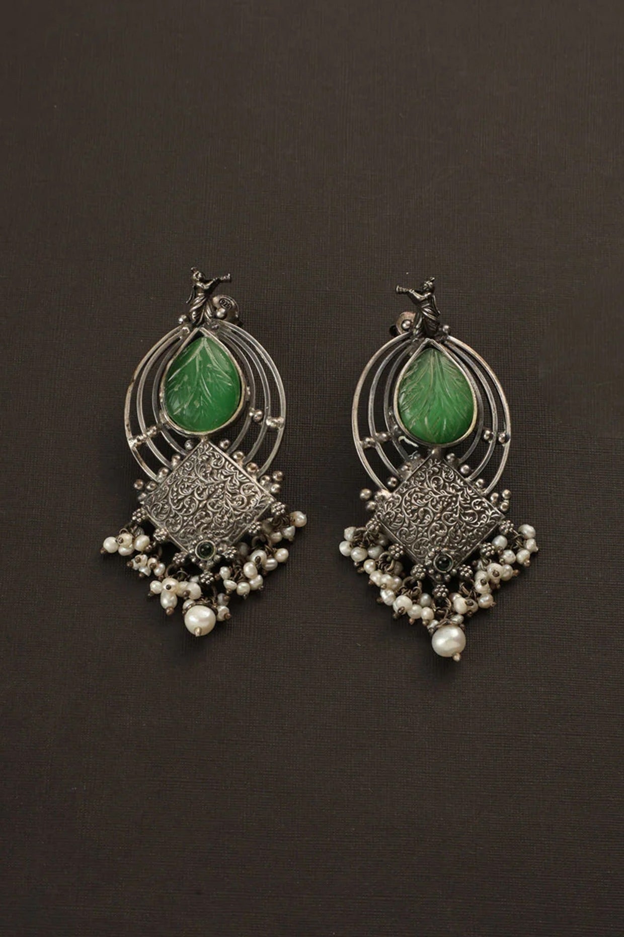 White Finish Green Jade Stone Temple Dangler Earrings In Sterling Silver