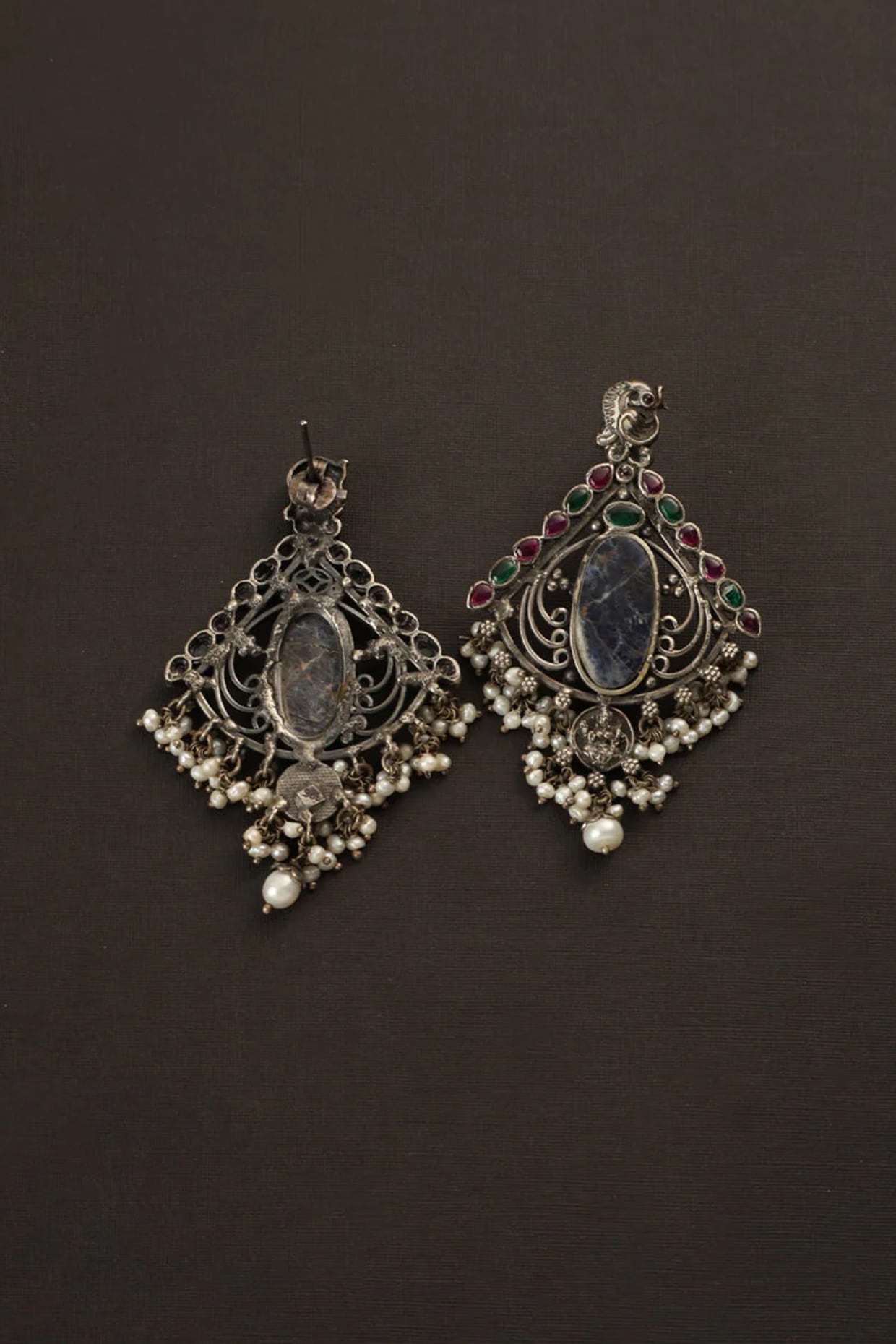 White Finish Blue Lapis Kempstone Temple Dangler Earrings In Sterling Silver