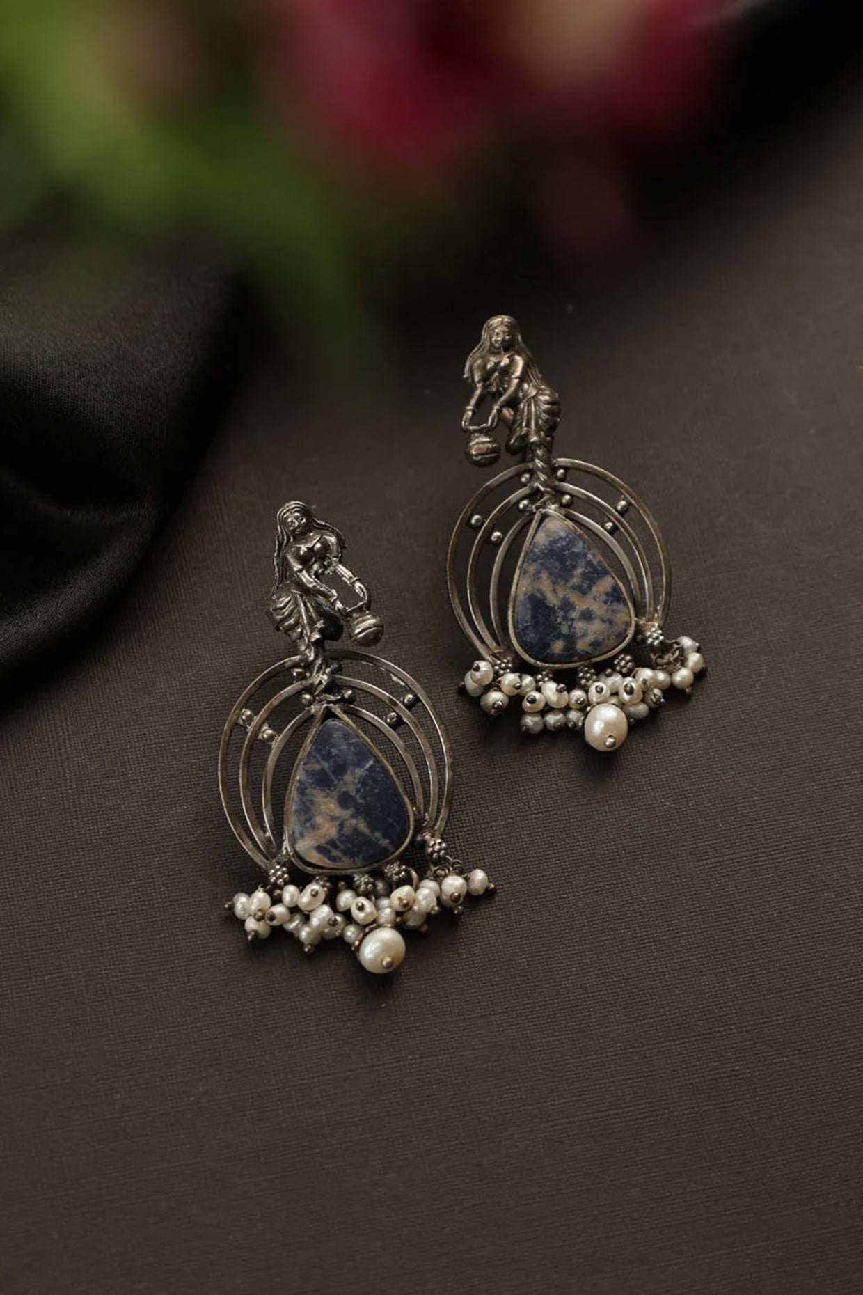 White Finish Blue Lapis Kempstone Temple Dangler Earrings In Sterling Silver