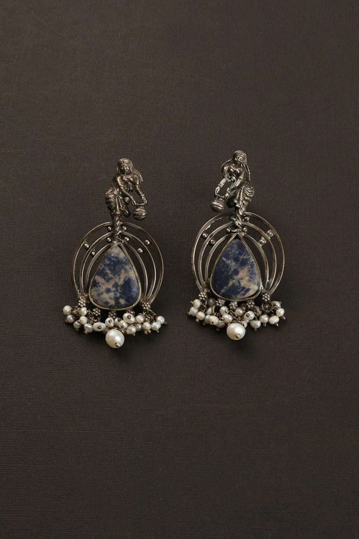 White Finish Blue Lapis Kempstone Temple Dangler Earrings In Sterling Silver