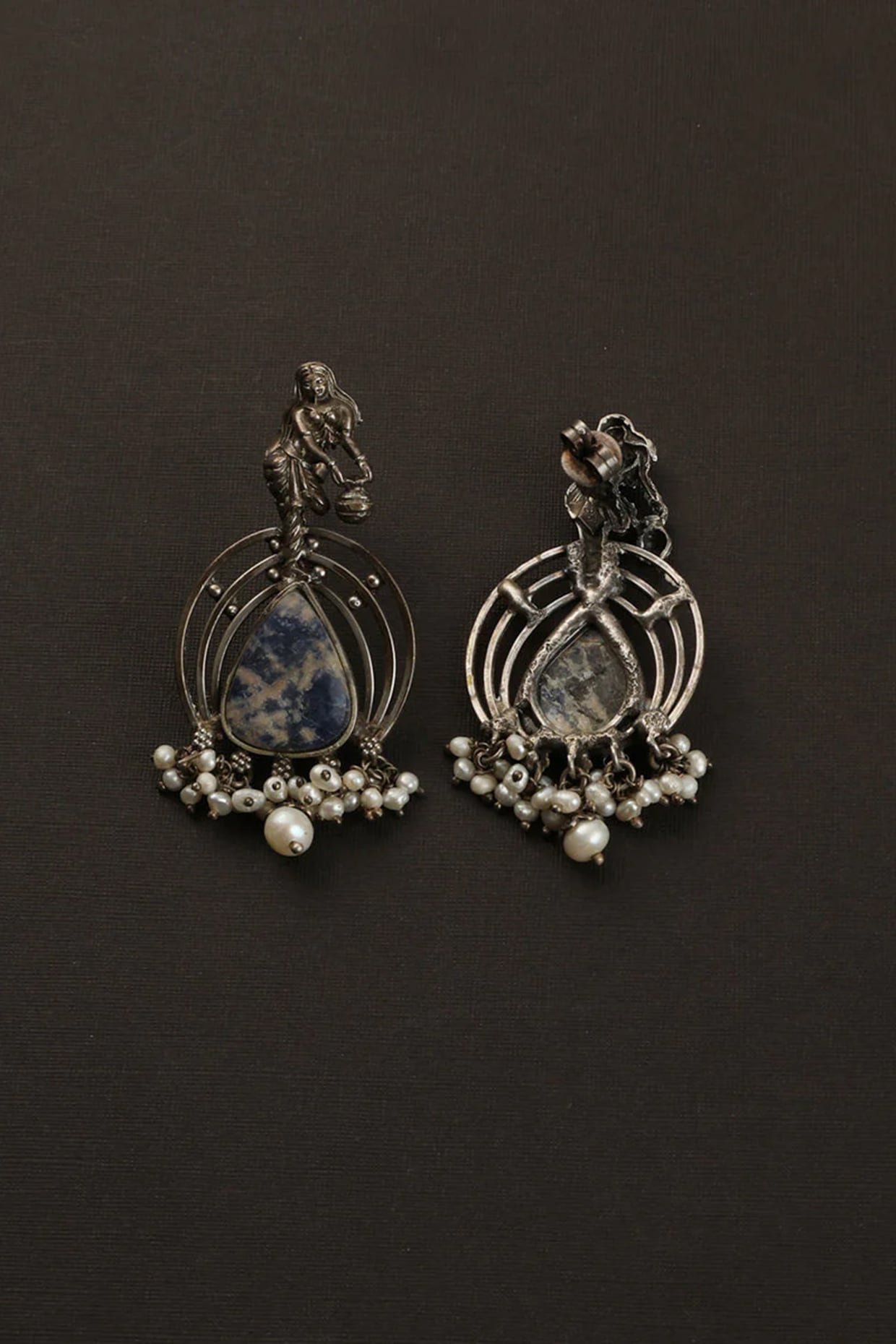 White Finish Blue Lapis Kempstone Temple Dangler Earrings In Sterling Silver