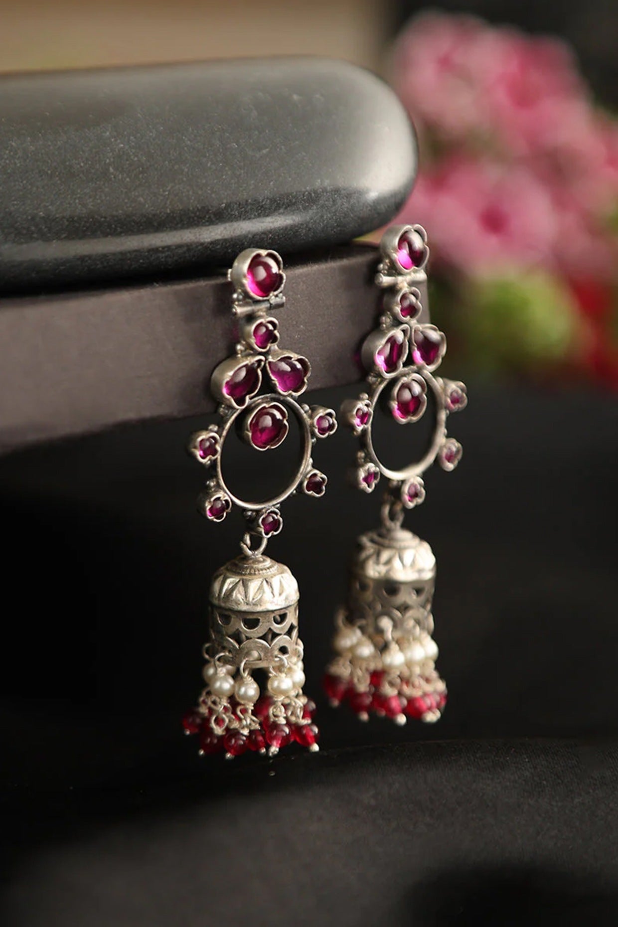 White Finish Ruby Temple Jhumka Earrings In Sterling Silver