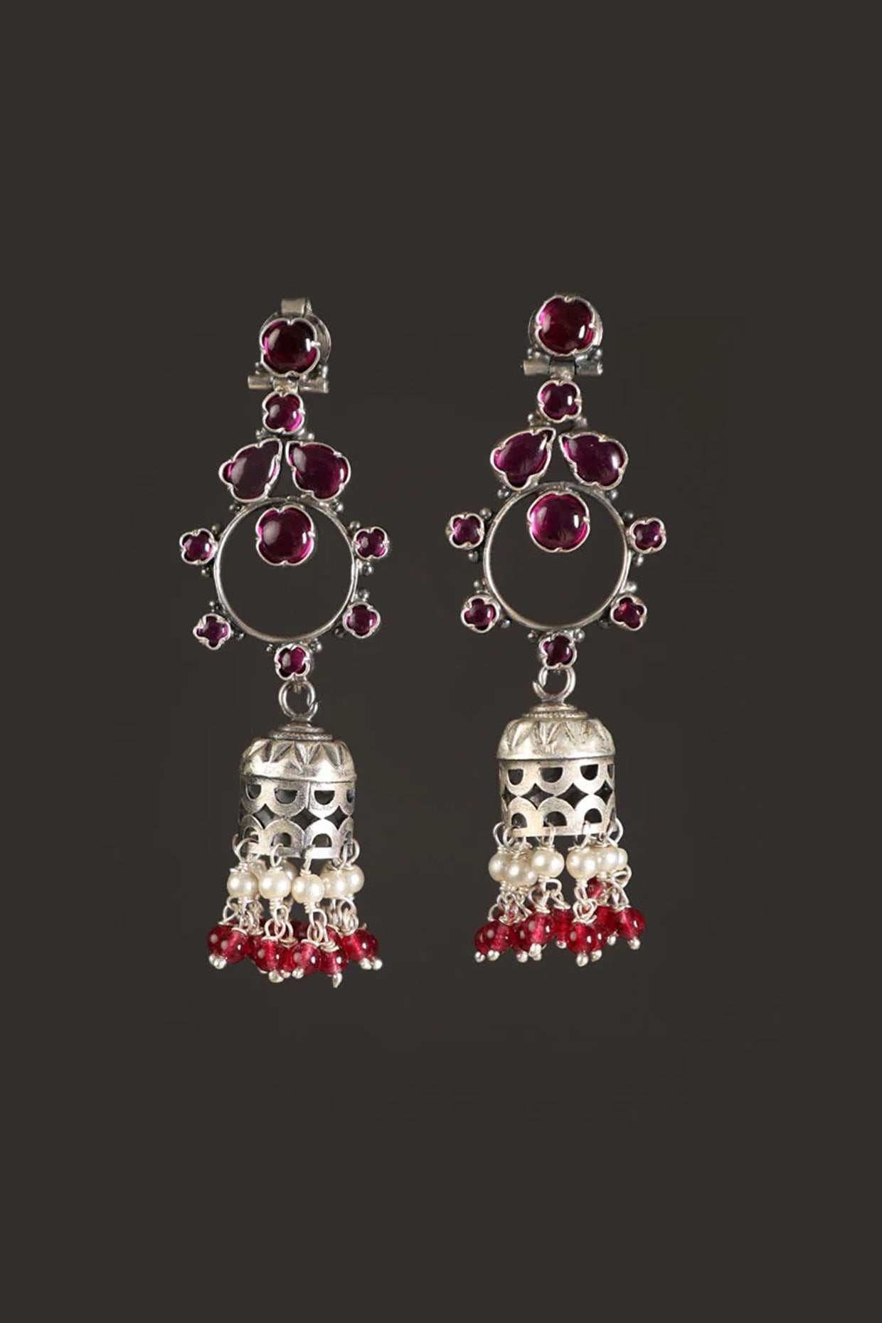 White Finish Ruby Temple Jhumka Earrings In Sterling Silver