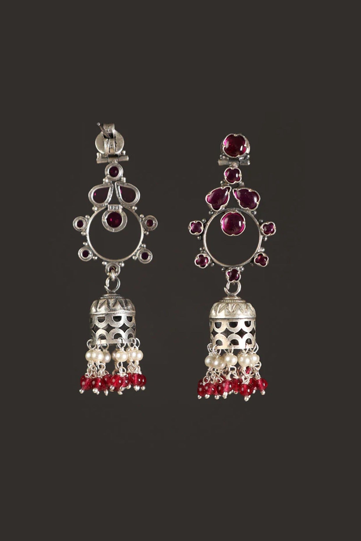 White Finish Ruby Temple Jhumka Earrings In Sterling Silver