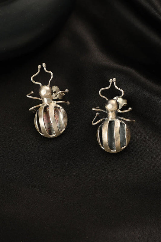 White Finish Beetle Dangler Earrings In Sterling Silver