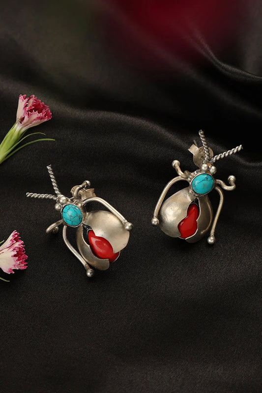 White Finish Coral & Turquoise Stone Beetle Dangler Earrings In Sterling Silver