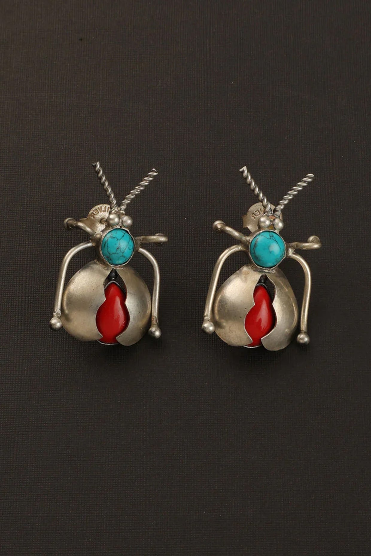 White Finish Coral & Turquoise Stone Beetle Dangler Earrings In Sterling Silver