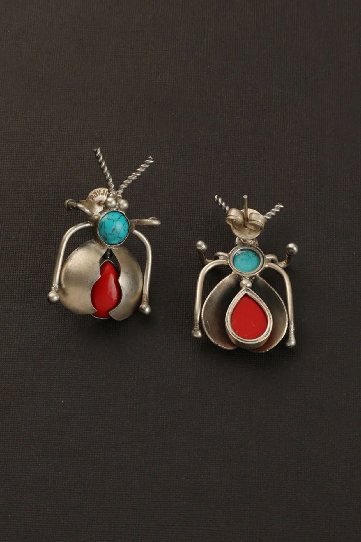 White Finish Coral & Turquoise Stone Beetle Dangler Earrings In Sterling Silver