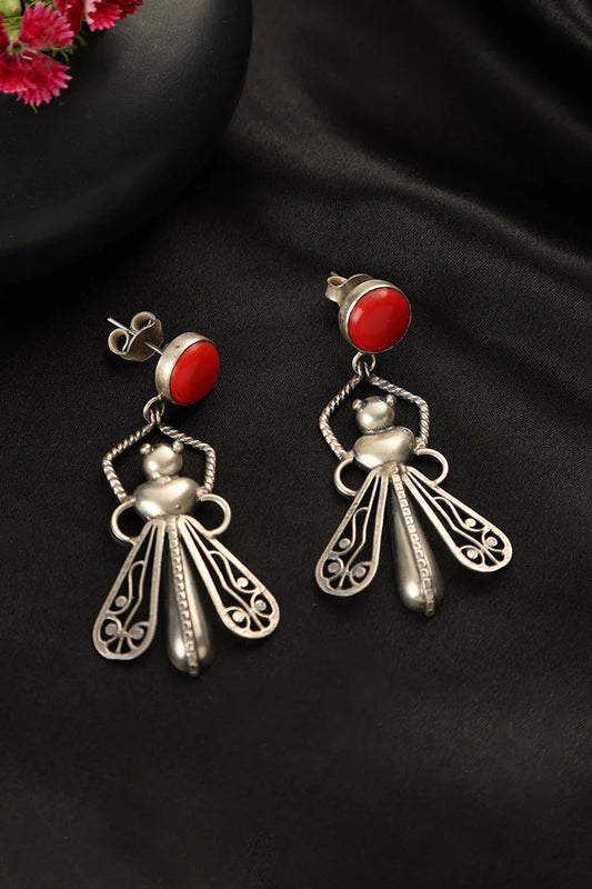 Two Tone Finish Coral Stone Beetle Dangler Earrings In Sterling Silver