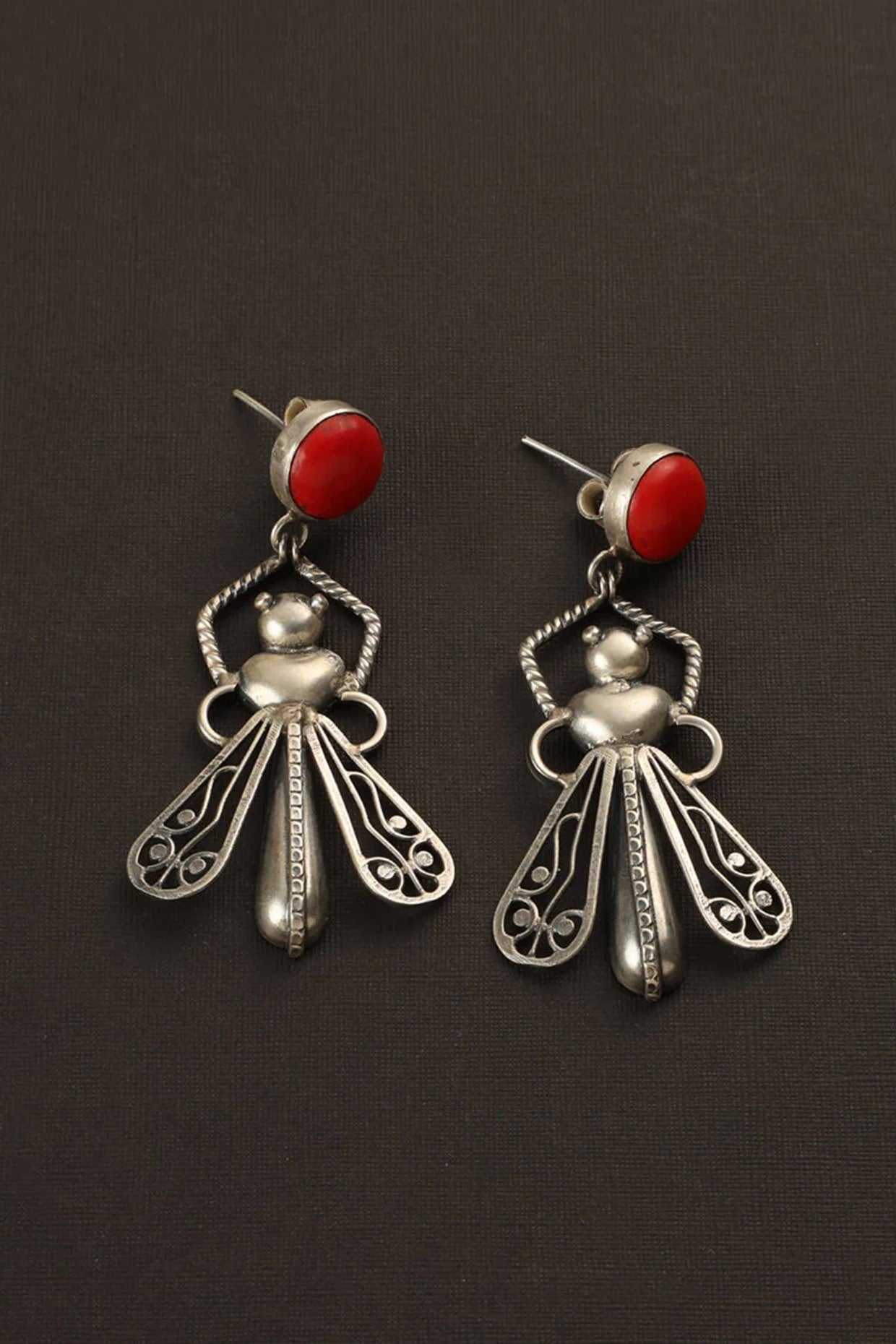 Two Tone Finish Coral Stone Beetle Dangler Earrings In Sterling Silver