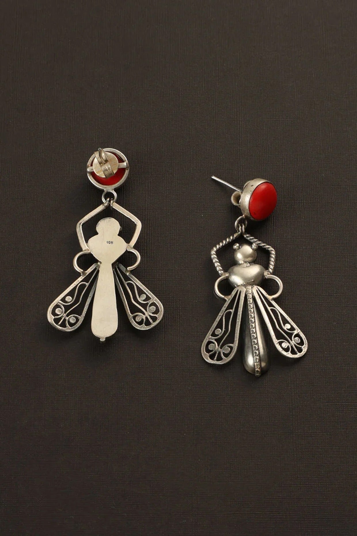 Two Tone Finish Coral Stone Beetle Dangler Earrings In Sterling Silver