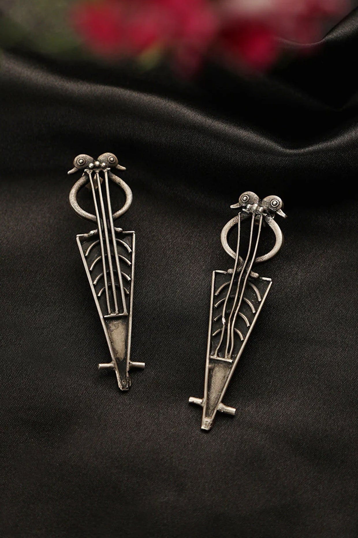 Two Tone Finish Bird Guitar Dangler Earrings In Sterling Silver