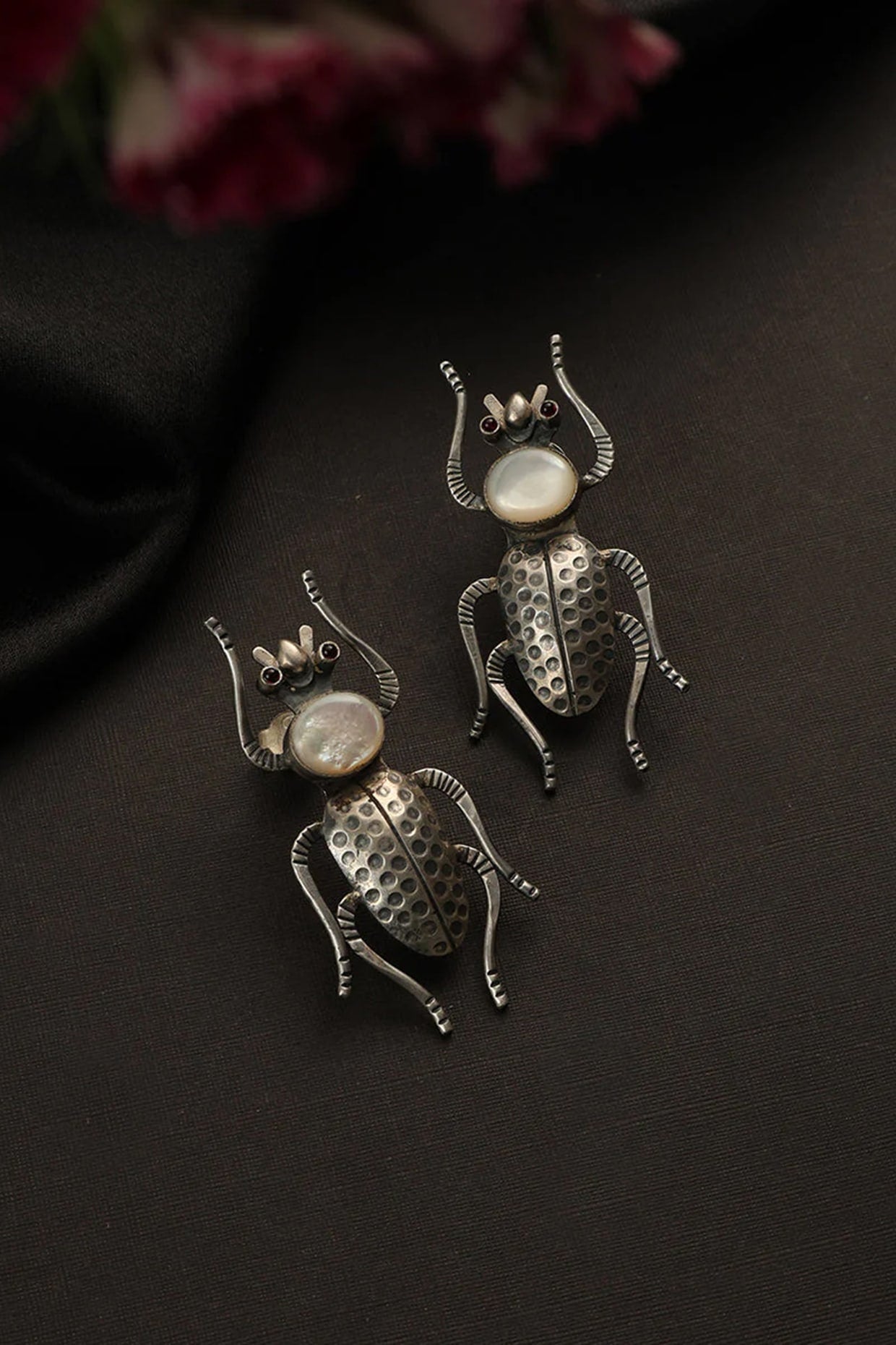 White Finish Mother Of Pearl Bug Dangler Earrings In Sterling Silver