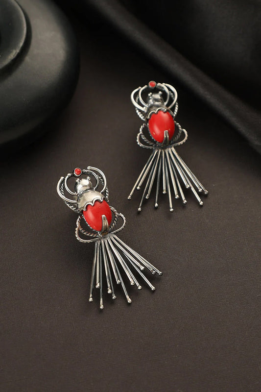 White Finish Coral Stone Bug Dangler Earrings In Sterling Silver