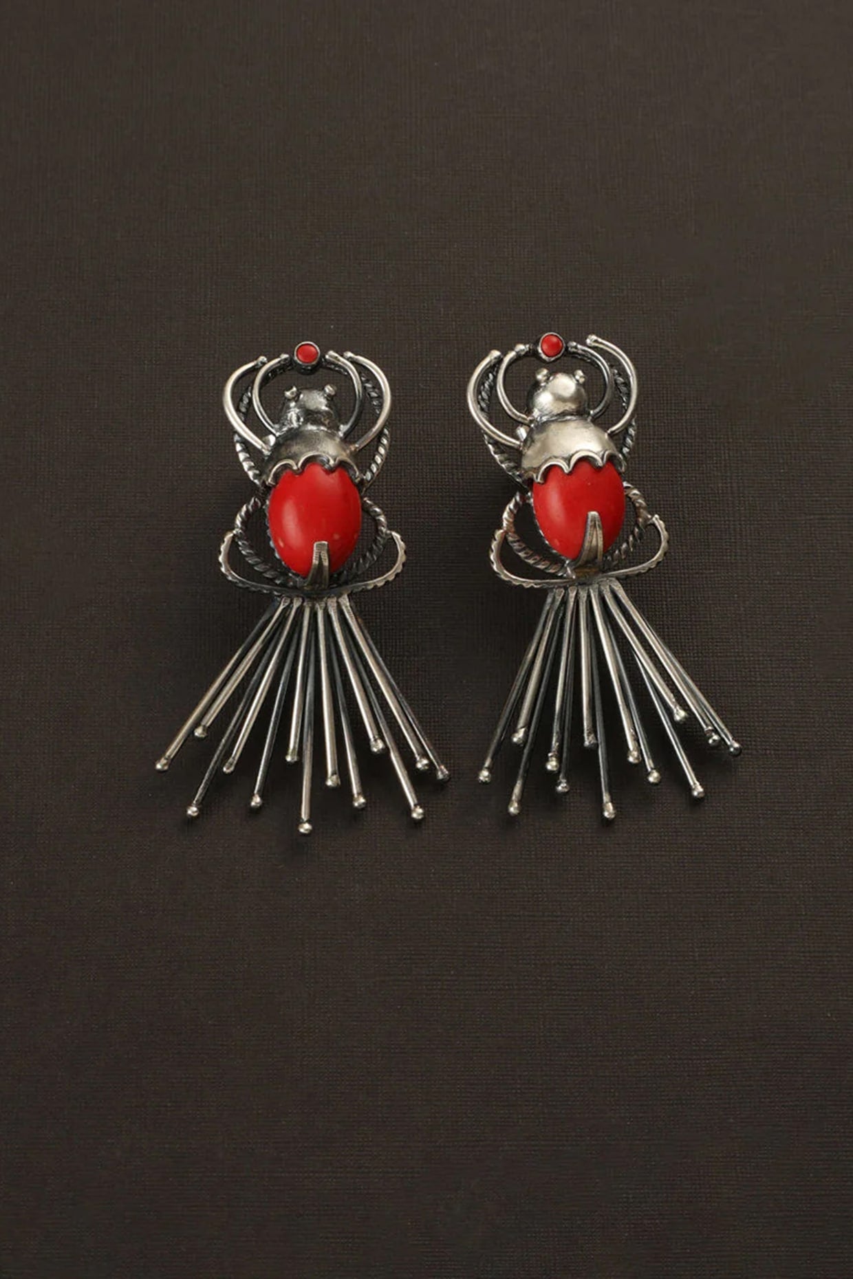 White Finish Coral Stone Bug Dangler Earrings In Sterling Silver