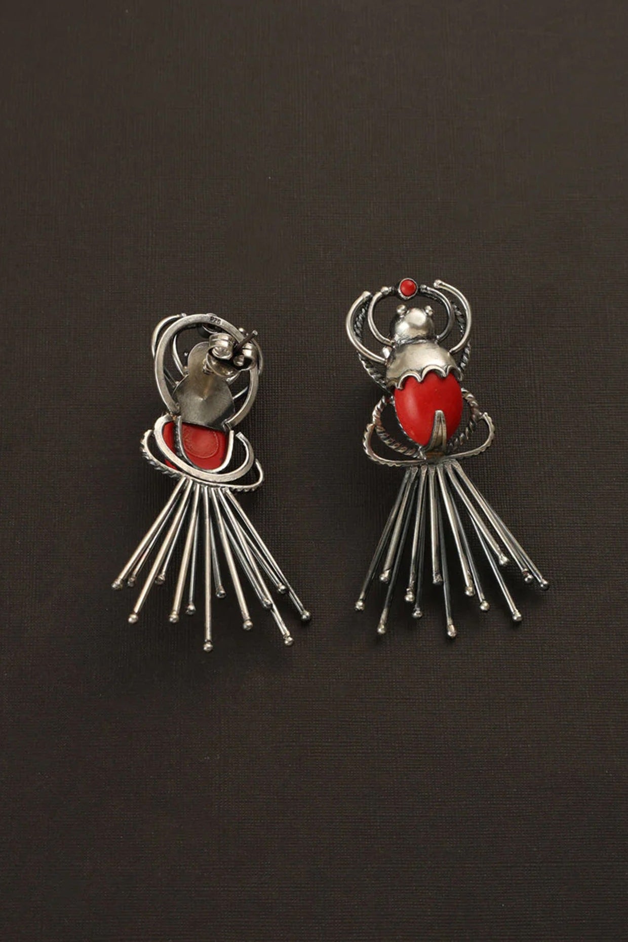 White Finish Coral Stone Bug Dangler Earrings In Sterling Silver